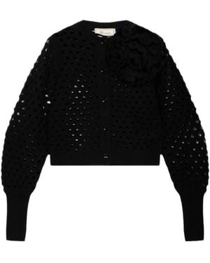 Blumarine Truien & Vesten ,Zwart ,Wol Openwork Wool Cardigan With 3D Rose