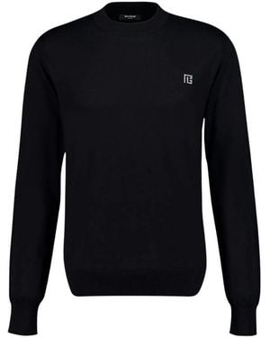 Balmain Truien & Vesten ,Zwart ,Katoen Zijde-Katoenen Trui Met Pb-Logo - Blauw