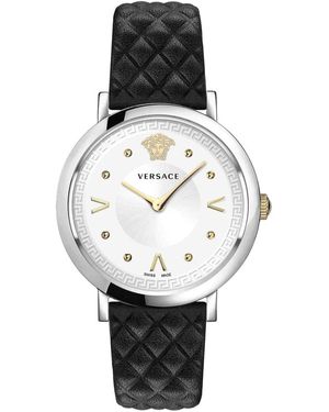 Versace Orologio da pop chic pelle nera cassa in acciaio argento - Nero