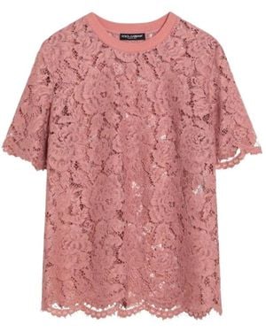 Dolce & Gabbana Tops ,Roze ,Katoen T-Shirt Met Kanten Ronde Hals