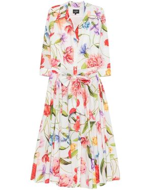 Lavi Kleedjes ,Veelkleurig ,Ninni Bloemenprint Midi-Jurk Met Strikceintuur - Wit