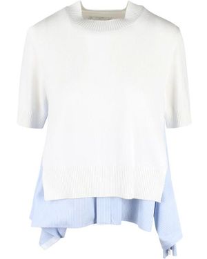 Sacai Gestreifter Popeline Stricktop - Weiß