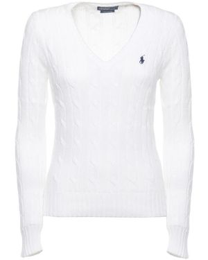 Ralph Lauren V-Ausschnittpullover Mit Zopfmuster - Weiß