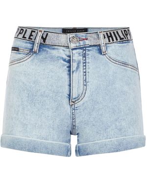 Philipp Plein Korte Broeken ,Blauw ,Denim Denim High Waist Hot Pants
