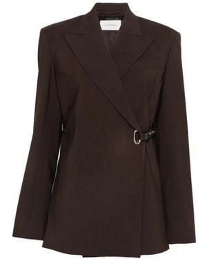 Sportmax Jassen ,Bruin ,Leer Geklede Viscose Blazer Met Leren Riem