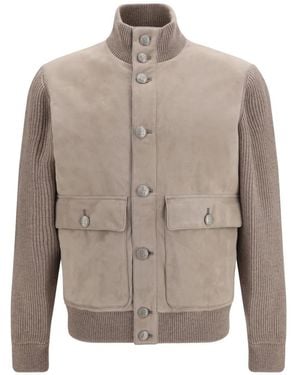 Brunello Cucinelli Jassen ,Bruin ,Leer Suede And Cashmere Jacket - Grijs