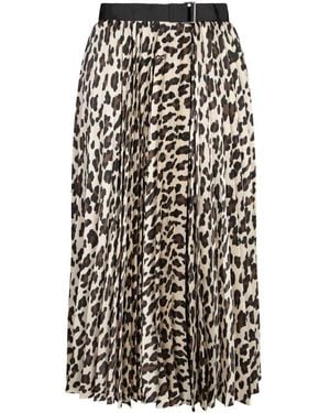 Sacai Beiger Leopardenmuster Plissierter Midi-Rock - Schwarz