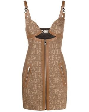 Versace Versatile Monogram Mini Dress With Leather Trims - Brown