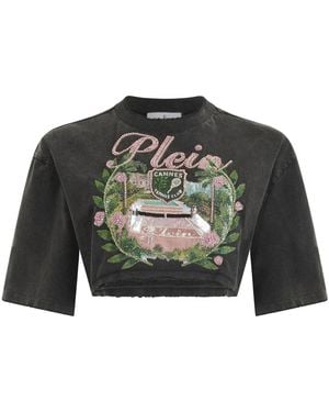 Philipp Plein Tops ,Zwart ,Katoen Cropped T-Shirt Cannes Tennis Club - Groen