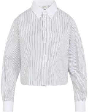 Celine Gestreiftes Baumwollknopf-Down Cropshirt - Weiß