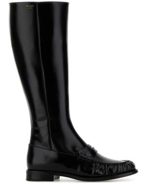 Prada Schoenen ,Zwart ,Leer Gepolijst Leren Penny Hoge Laarzen
