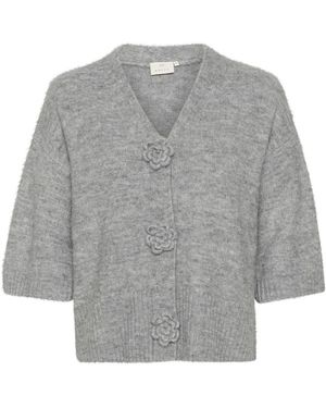 Kaffe Truien & Vesten ,Grijs ,Polyester Grijze Melange Cardigan Met Bloemen