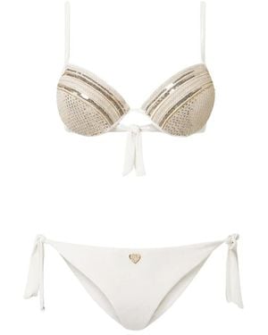 Twinset Push-Up Bikini Mit Paillettenstickerei Und String Mit Seitlichen Bändern - Weiß