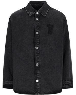 Ami Paris Jassen ,Zwart ,Katoen Overshirt Met Gebreide Ami De Coeur