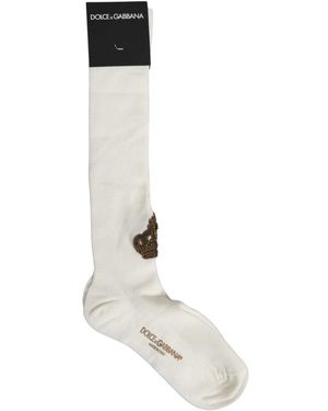 Dolce & Gabbana Accessoires ,Wit ,Nylon Kniehoge Sokken Met Kroonborduursel