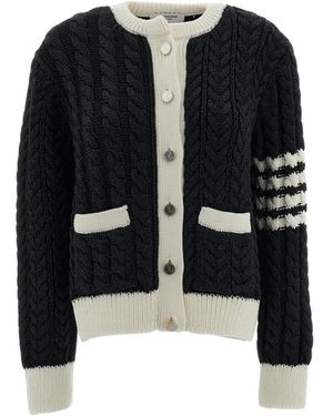 Thom Browne Merino-Woll-Cardigan Mit 4-Bar Aran-Zopfmuster - Schwarz