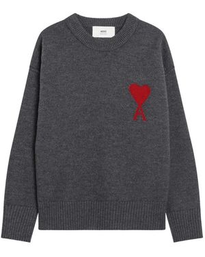 Ami Paris Truien & Vesten ,Grijs ,Wol Quota Ronde Hals Trui Met Contrasterende Ami De Coeur