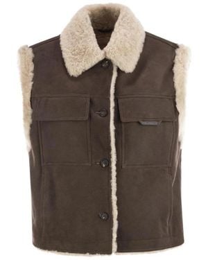 Brunello Cucinelli Jassen ,Bruin ,Leer Suede Gilet Met Lamsvelboord