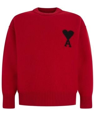 Ami Paris Pullover Aus Wolle Mit Rundhalsausschnitt Und Ami De Coeur - Rot