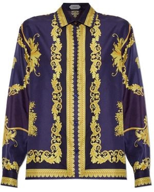 Versace Zijden Blouse Met Nieuwe Barocco Print - Blauw