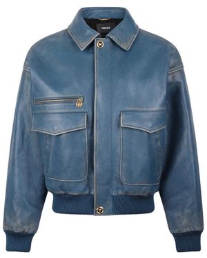 Versace Pocket Zip Leren Jas - Blauw