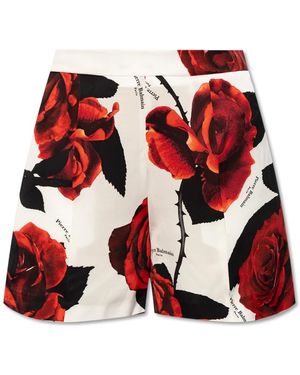 Balmain Rose-Print Satin Shorts - Red