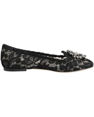 Dolce & Gabbana Spitze Flache Schuhe Mit Kristallblumendekoration - Schwarz
