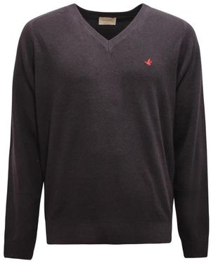 Brooksfield V-Ausschnitt Wollpullover Grau/Blau - Schwarz