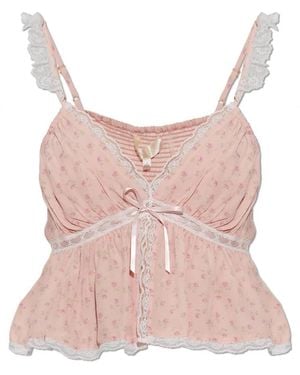 LoveShackFancy Nicoleta Blumen-Krepp-Oberteil - Pink