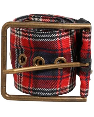 Dolce & Gabbana Accessoires ,Veelkleurig ,Leer Geruite Stoffen Riem Met Logo Plaat En Messing Gesp - Rood