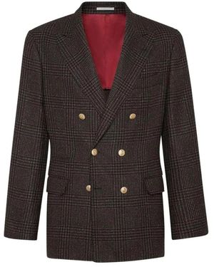 Brunello Cucinelli Jassen ,Bruin ,Wol Dubbelrijige Glen Plaid Blazer - Zwart
