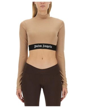 Palm Angels Tops ,Polyester Logo-Tape Cropped T-Shirt - Zwart