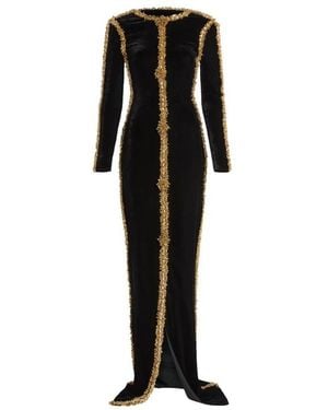 Balmain Lange Fluwelen Jurk Met Geborduurde Rand - Zwart