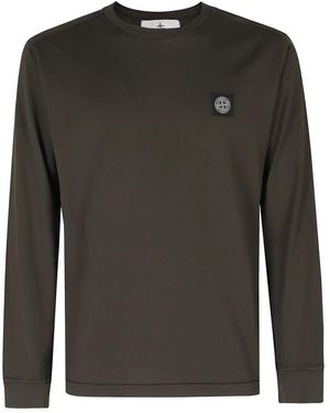 Stone Island Tops ,Groen ,Katoen Slim-Fit T-Shirt Met Lange Mouwen En Kompaspatch