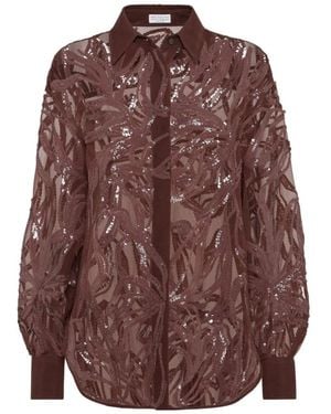 Brunello Cucinelli Braune Seidenblumen Paillettenhemd