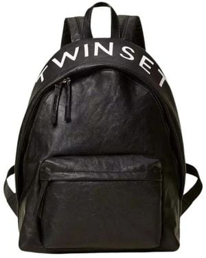 Twinset Tassen ,Zwart ,Leer Textured Logo Backpack