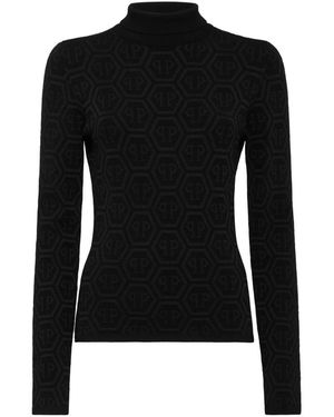 Philipp Plein Truien & Vesten ,Zwart ,Gebreide Monogram Turtleneck