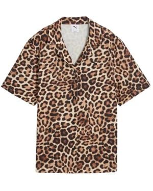 PUMA Overhemden ,Veelkleurig ,Luipaardprint Relaxte Fit Shirt - Bruin