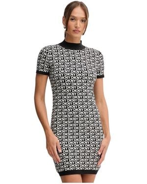 DKNY Logo Jacquard Mock Neck Mini Jurk - Grijs