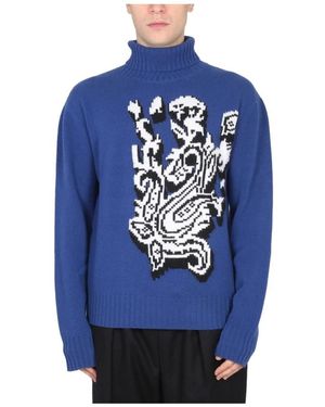 Etro Truien & Vesten ,Blauw ,Wol Ingelegd Jacquard Coltrui