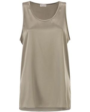 Brunello Cucinelli Stretch Zijde Satijn Ronde Hals Top - Grijs