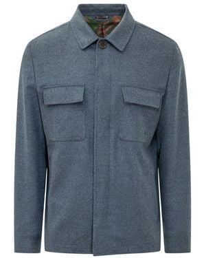 Etro Jassen ,Blauw ,Wol Overshirt Van Kasjmier En Wol