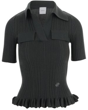 Patou Tops ,Groen ,Wol Stretch Wollen Trui Met Ruches - Zwart