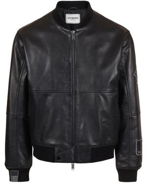 Iceberg Schwarze Lederbomberjacke Mit Gestickten Patches