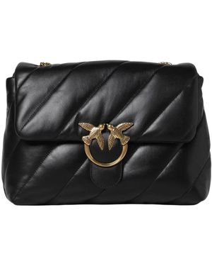 Pinko Gewatteerde Leren Schoudertas Met Metalen Vogeldetail En Kettingriem - Zwart