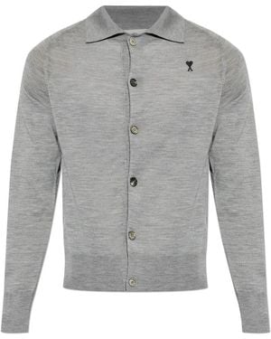 Ami Paris Wollen Cardigan Met Geborduurd Logo - Grijs