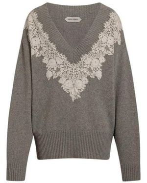 Alberta Ferretti Kaschmir-Pullover Mit V-Ausschnitt Und Spitzeneinsatz - Grau