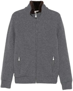 Barba Napoli Truien & Vesten ,Grijs ,Wol Ribbed-Knit Zip-Up Cardigan