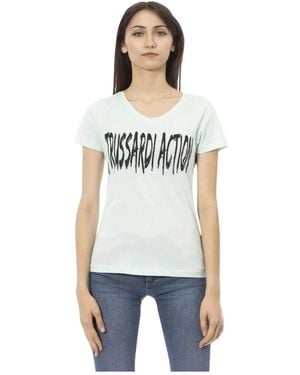Trussardi Tops ,Blauw ,Katoen Stijlvolle Katoenen T-Shirt Met Voorkant Print - Wit