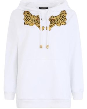 Roberto Cavalli Hoodies & Sweatvesten ,Wit ,Katoen Sweatshirt Hoodie Met Tijgerborduurwerk